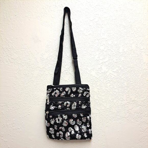 Sequin Crossbody Handbag Black Silver Spots Cat Print Leopard Cheetah Animal - Picture 1 of 6